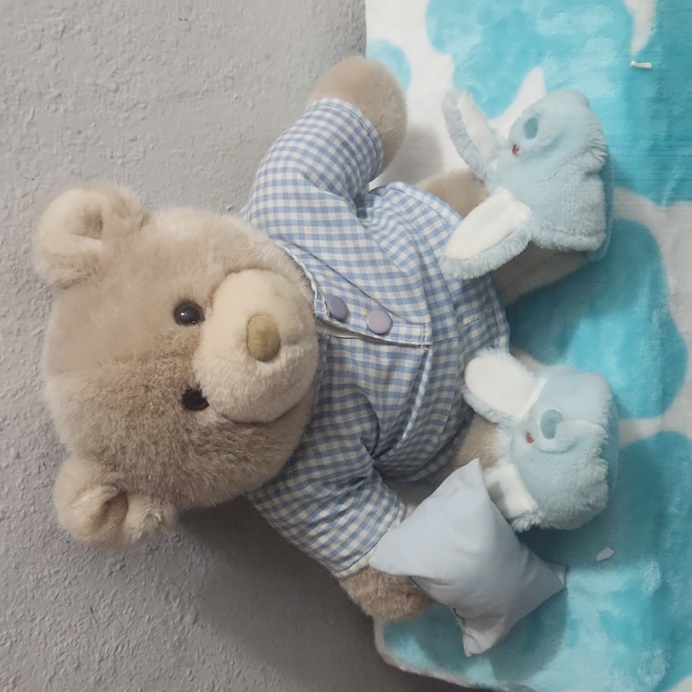 Vtg The Summit Collection Teddy Bear Gingham Pajamas Bunny Slippers W/Pillow